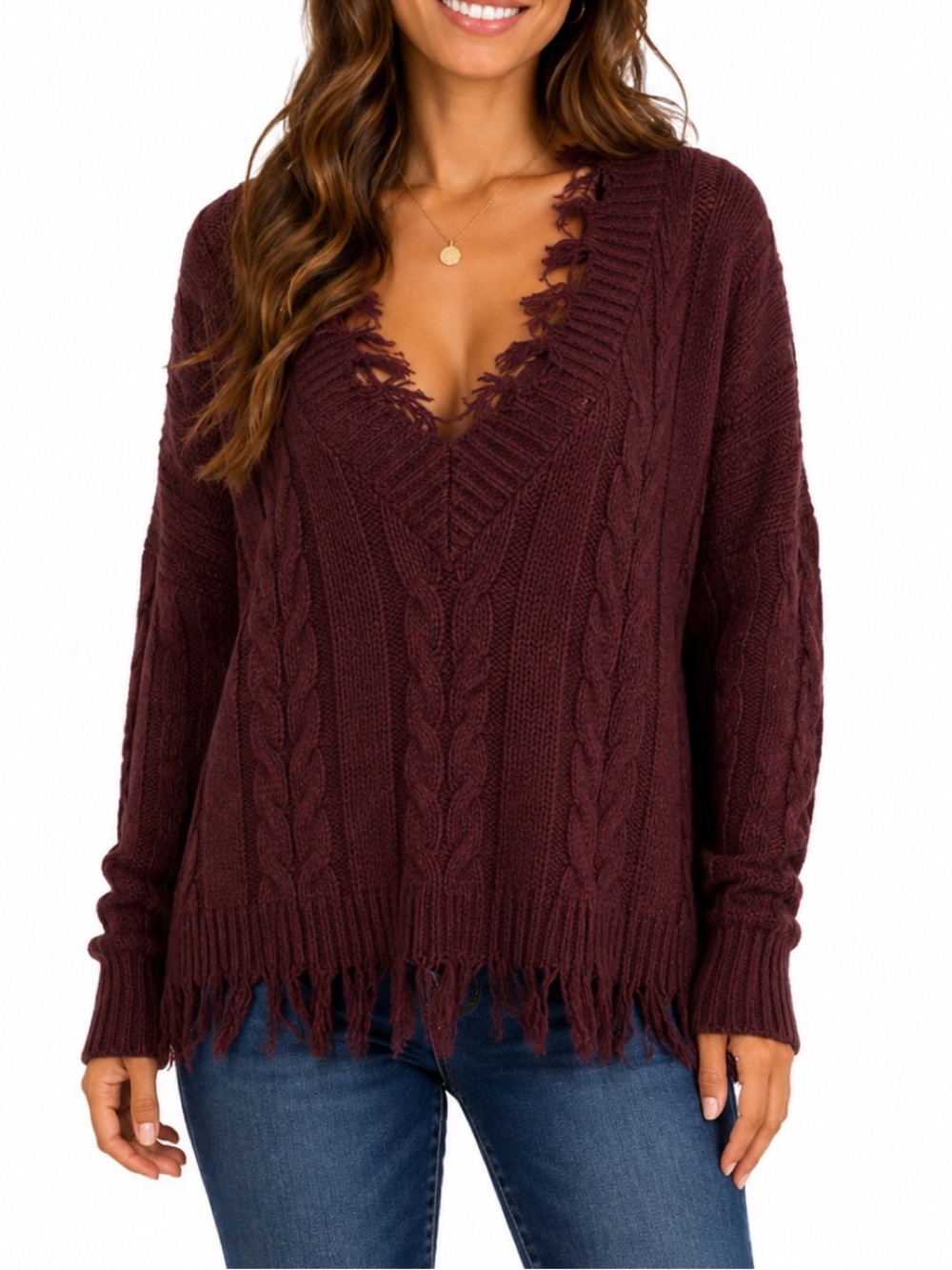 BKE from The Buckle Brown cable knit V-neck fringe sweater, size Large